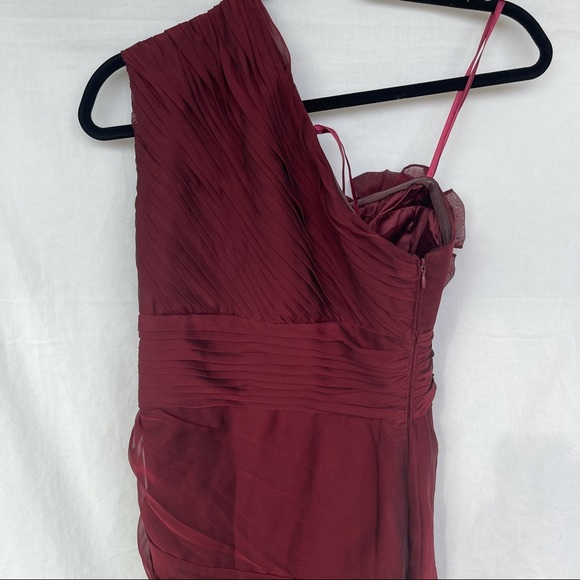 Adrianna Papell Burgundy One Shoulder Sleeveless Beaded Ruched Long Prom Dress - Picture 9 of 12